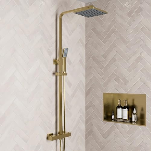 Baystone® Thermostatic Mixer Shower Set with Rainfall Head Adjustable Riser Rail Handset Hose Exposed Bar Valve Showers Thermostat Square, Brushed Brass