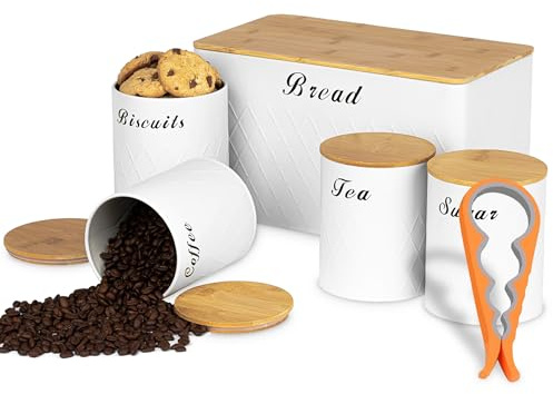 ATEK 5 Pcs Bread Bin Sugar Tea Canister Set with Can Opener