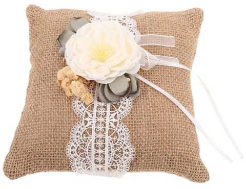 CLISPEED Coussin pour Alliances De Mariage Vintage Toile De Jute Et Dentelle Support pour Cérémonie Accessoire pour Fiançailles