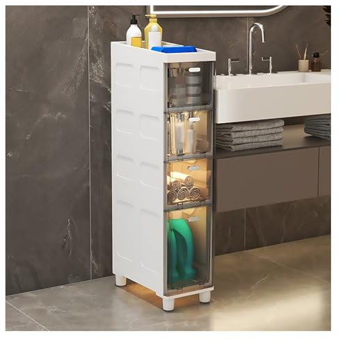 Schmaler Badezimmer-Aufbewahrungsschrank mit großem Fassungsvermögen, hoher, schmaler Unterschrank mit durchsichtigen Kunststoffschubladen und -rollen, Toilettenpapier-Organizer(Gray,4-Tiers)