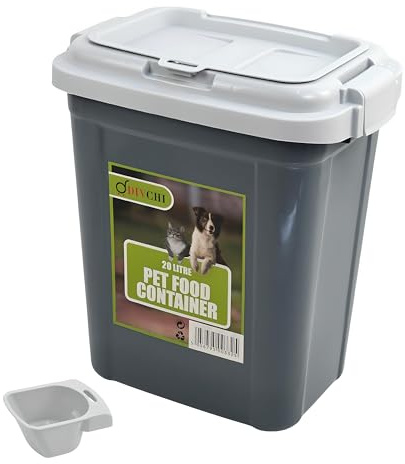 DIVCHI 20L Pet Food Storage Container Flip Top Locking System With Integrated Scoop Plastic Birds Airtight Pet Dog Cat Animal Dry Food 9 KG Dispenser Bin (Dark Grey)