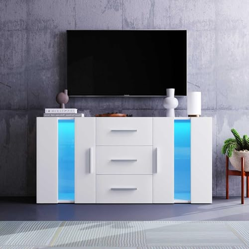 NIUAWASA Buffet 140 x 35 x 70 cm - Commode sur Pied - Meuble TV Bas avec 16 Couleurs LED - pour Salle à Manger, Salon