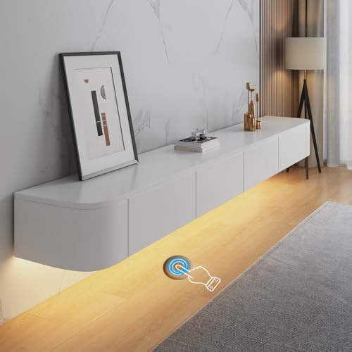 HYANXUE Flytande TV-stativ, väggmonterade TV-hyllor med dörr, TV-mediakonsol, flytande TV-skåp stor förvaring TV-bänk under TV (vit + LED, 140 cm/55,5 tum)