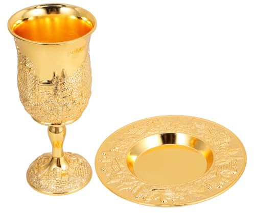 Gadpiparty Copa Kiddush Metálica Dorada con Platillo Taza para Vino Shabat y Festividades Judías Diseño Elegante y Duradero para Ceremonia Religiosa