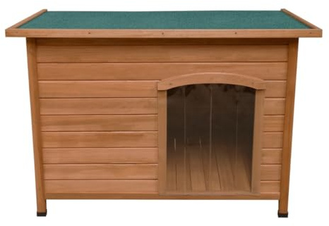 Hundkoja i Trä för Inomhus & Utomhus – Väderbeständig Furu, Hundlucka, Lutande Tak med Asfaltfilt, Fällbar Taköppning, Ventilation 5 cm, Enkel Rengöring, Ljusbrun