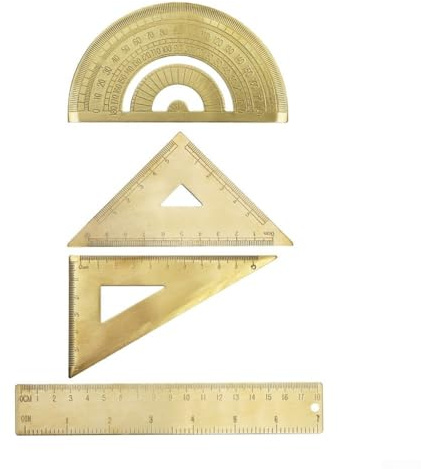Set di righelli di misurazione in ottone dorato con isoscele e goniometro triangolare destro per redazione, scala 18 cm, strumento di cancelleria compatto