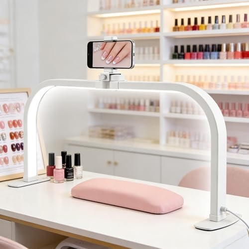 Yigowyigo Halbmond Lampe, 70cm Nagellampe mit Handyhalter für Nagel Schreibtisch, Extra Groß Faltbare LED Nageltischlampe mit 3 Farbmodi 10 Helligkeiten Einstellbar für Schönheit, Wimpern, Tattoo