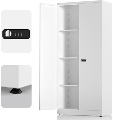 LHForgetech Aufbewahrungsschrank mit 2 Türen, Stahlspind, Abschließbarer Metallschrank mit Zahlenschloss, Verstellbare Regale, 180x80x40 cm, Mehrzweckschrank für Büro Garage & Haushalt, Weiß