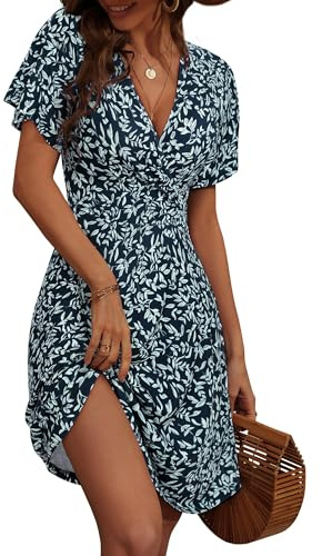 LIAMERHE Robe Été Femme Courte à Col en V - Robe Portefeuille Imprimé Floral Manches Courtes/sans Manches Robe Bohème Chic et Élégante pour Mariage Invitée Vacances Plage Fleurs-1 XL