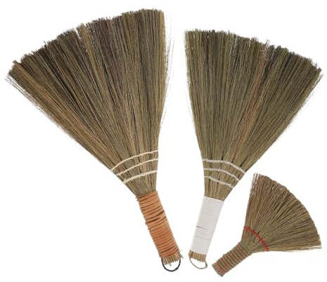 YARNOW Scopa di Paglia Intrecciata a Mano Set da 3 Pezzi Manico Bianco e Giallo, Scopa Compatta Portatile per Pulizia Domestica e Esterna, Spazzola Morbida per Patio, Cucina e