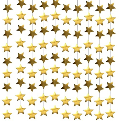 4 Piezas Guirnalda de Estrellas Doradas de Papel, Banderines Colgantes Reflectantes para Decoración de Fiestas, Cumpleaños y Bodas, Total 16 Metros de Largo para Fondo de Pared