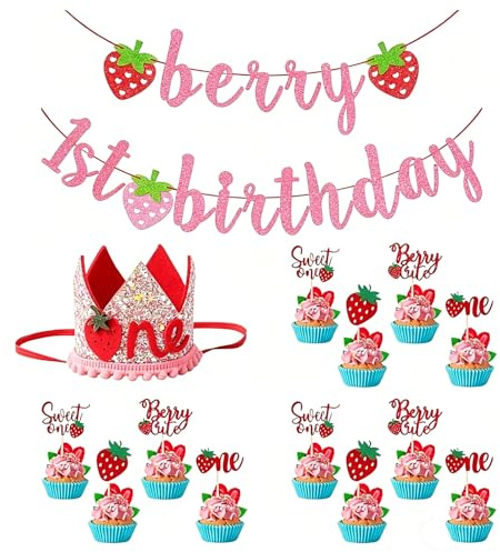14 PCS Berry First Birthday Decorations, Strawberry Birthday Set for All Ages, Complete Party Decor with Banner, Hat and Cake Toppers, Ideal for First Birthday Celebrations