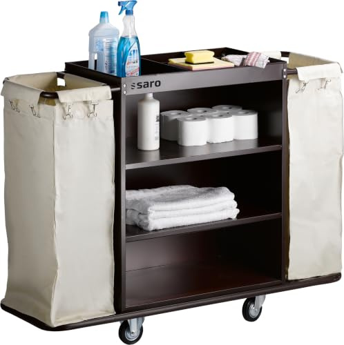 SARO Zimmerservicewagen für Hotellerie & Reinigung – Mit 2 abnehmbaren Wäschesäcken – Stahl, rotbraun – Gummi-Stoßschutz – 142×45×112 cm – Modell AF 258