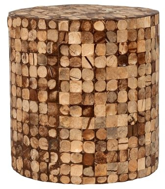 East at Main Round Brown Coconut Shell Side Table - Boho Rustic Accent Table, Natural Wood Mosaic Inlaid, Pre-Assembled End Table with Patina Finish, Unique Brown Decor for Living Room