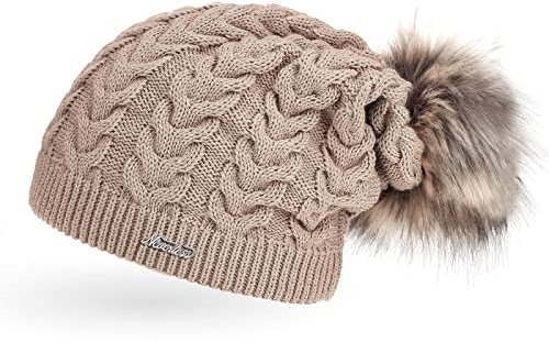 Neverless® Damen Strickmütze mit Fleecefutter Pudelmütze Wintermütze Warm & Gefüttert mit Bommel Model 1975 Dunkel-beige Unisize
