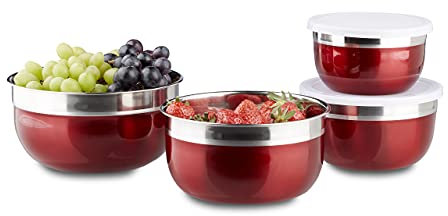 Relaxdays Set di 4 Ciotole con Coperchio, Varie Misure, Scodelle Contenitore in Acciaio Inox, Cucina e Campeggio, Rosso