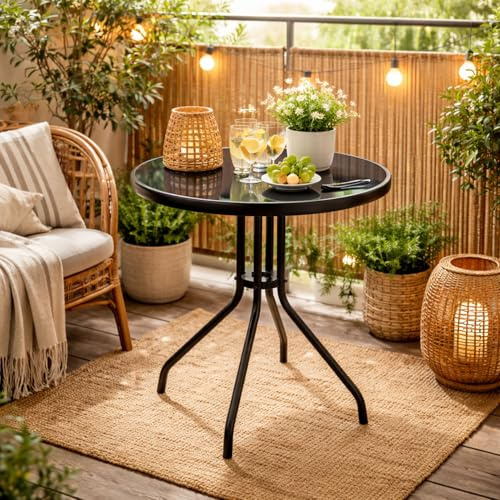 FineHome Bistrotisch GlastischGlas/Metall Rund Ø60xH70cm schwarz Balkontisch Gartentisch