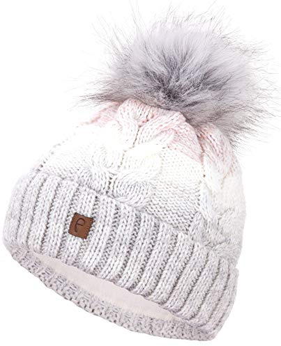 Faera Wintermütze Mütze Damen warm gefüttert mit Kunstfell Bommel-Mütze Fleecefutter Winter Strickmütze Beanie