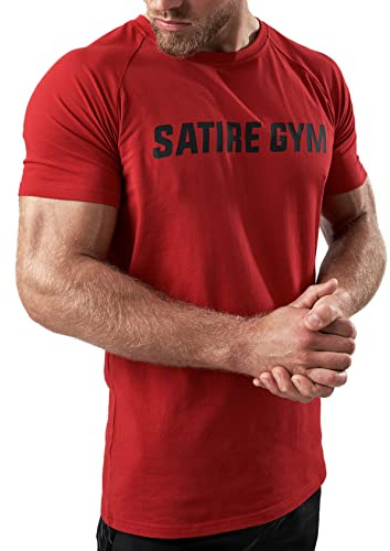 Satire Gym – Fitness Slim Fit T-shirt av bomull herr/tajt sittande och snabbtorkande sportkläder för män – sportskjorta för män som gym och fitnessskjorta, röd, L