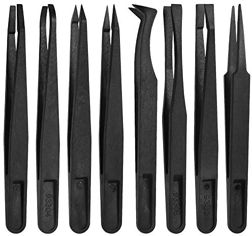 MMOBIEL Juego de pinzas de precisión plásticas multifuncionales antiestáticas 8 pzas., pinza con punta plana e inclinada, pinzas con puntas curvadas o puntiagudas