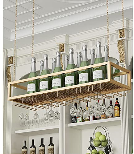 WYFZT Rack di Vino di Ferro Soffitto Portabottiglie a Parete Sospeso Supporto in Vetro Porta Bottiglie Barre da Muro Scaffale Vini Mensola del Vino Porta Bicchieri di Vino Portabicchieri - Oro