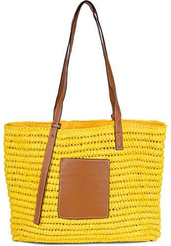 styleBREAKER Damen Schultertasche Bast Geflochten | 43x34x4 cm Maß, 65 cm lange Kunstleder-Träger, sicherer Zipper am Hauptfach, extra Innenfach für Wertsachen, Papierstroh.