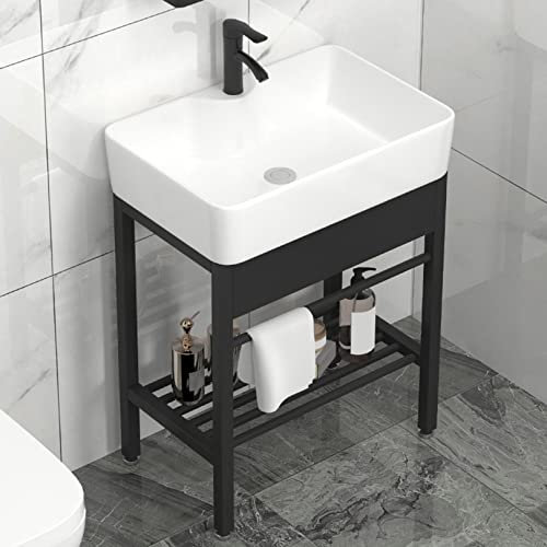 Lavabo in ceramica Bianco Lavatoio Lavello for Esterno e Interno Mobile Lavandino con piedistallo Supporto in Acciaio Inossidabile for ristoranti,bagni,Garage,Magazzini,il Bagno e Toilette ( Size : 48