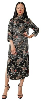 Costumizate! Kimono o Qipao Color Negro con Manga Larga. Vestido Oriental para Mujer. (M)