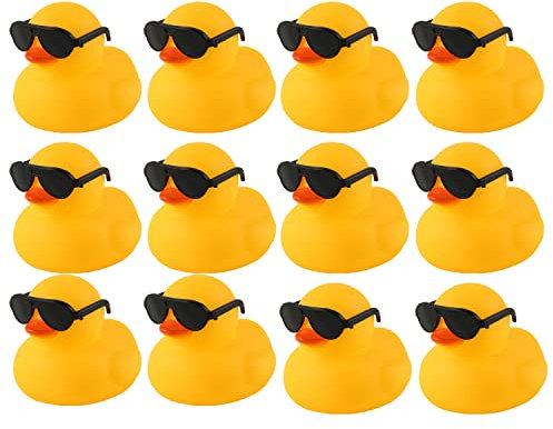 Patos de Goma, 12 Uds 5cm Juguetes de Pato de Baño con 12 Uds Gafas de Sol Goma del Pato Flotante Patos de Goma Bañera Lindo Juguetes Pato Baño para Baby Shower Decoración de Fiesta Cumpleaños
