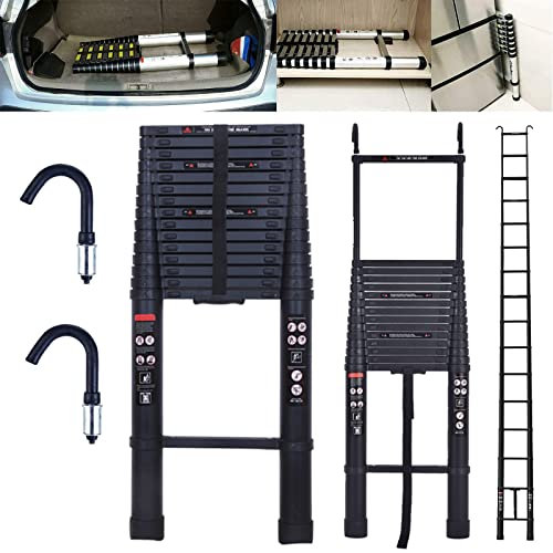 20,5 Fuß/6,2 m Schwarze Dachbodenleiter aus Aluminium, Teleskopleiter mit Haken, ausziehbar, leicht zu verstauen, filigranes Design, verstellbare Stufe, rutschfeste Unterseite