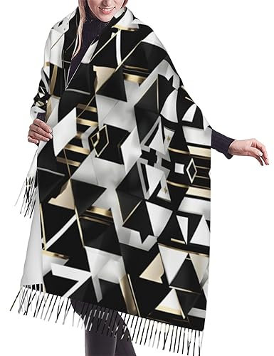 ZISHAK Taekwondo-Design, ultraweicher Kaschmir-Schal, warmer Schal, gestrickter Quastenschal, ein Muss für Damen, Modisches, modernes Dreieck in Schwarz und Weißgold, Einheitsgröße