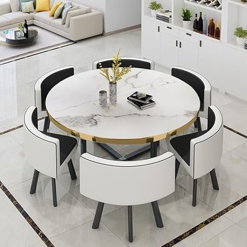 110cm Rund Esstisch mit 6 Essstühlen, Esstisch mit 6 Esszimmerstühle, Balkon Esstisch Konferenztisch Set 6 Personen for Esszimmer Küche Wohnzimmer(Schwarz)
