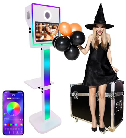 WideMeet Tragbare Kamera Spiegel Photo Booth Mit 15,6 Zoll Touchscreen Selfie Photobooth Maschine DSLR Mit Flight Case für Hochzeit Party Event (Weiße Maschine)