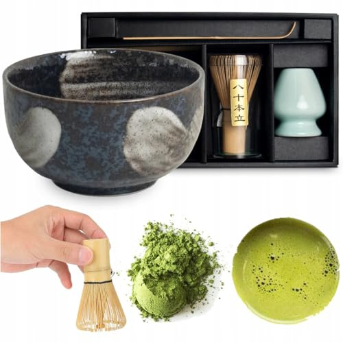 WESTCRAFT Matcha Set 4 tlg. Original japanische Schale mit Besen & Löffel Edo Japan Geschenkverpackung mit Matcha Besen Chasen, Matchabesen,Matchabesen Halter,Matcha Löffel Chashaku