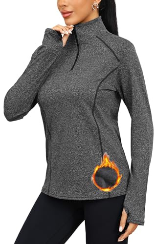 Terecey Camiseta Térmica Mujer Manga Larga Top Deportivo de Invierno con 1/4 Cremallera y Agujeros para el Pulgar Ropa de Correr y Fitness