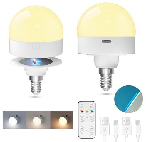 TobeBright Bombilla Recagable USB-C con Mando Casquillo E14, 3 Temperaturas de Color Regulables Bombilla Bateria Recargable con Imán para Iluminación de Emergencia, Camping, Luces Nocturnas(2PCS)