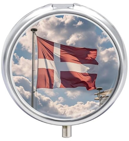Pillendose, rund, Dänemark, dänische Flagge, Pillendose, 3 Fächer, Medikamentendose für Geldbörse und Tasche, tragbare Reise-Pillendose, Medikamente, Vitamin, Lebertran, Aufbewahrungsbox, Organizer