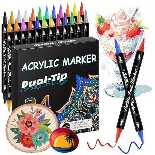 Acrylstifte für Steine Wasserfest - 24 Farben Acrylmarker mit Doppelspitze(Pinsel und feine Spitze) - Marker Stifte Set für Glas Holz Keramik Stoff Basteln Ostern und Weihnachten DIY Crafts Art Pen