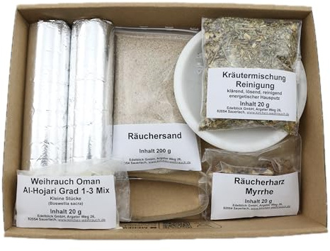 Räucherset „Hausreinigung“ – 9 TLG. – Kräuter-Mischung Reinigung m. Weihrauch Oman Al-Hojari u. Myrrhe - Räucherschale u. Zubehör – Geschenkkarton mit Klarsichtdeckel (Weiße Speckstein-Schale)