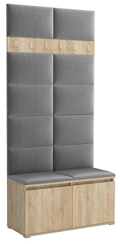 Brent - Garderobenschrank Flur Sonoma Eiche mit sitzbank 100 cm Breit Luton 1 - Multifunktionale Flurgarderobe Set mit Stauraum und Wandpaneel, Garderobe mit Sitzfläche und Kleiderhaken