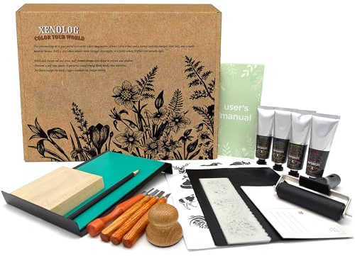 Xenolog Deluxe Block Printing kit - Premium lino Cutters, Linoleum Blocks for printmaking, Includes Printing Ink in 4 Colors, Brayer, baren, Basswood, Transfer Paper, Stencils, and Guide - Ideal Gift