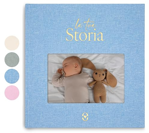 Album Nascita Bambino/a, Copertina in Lino Personalizzabile e Adesivi Oro | Crea Ricordi da Custodire e Amare, Libro Nascita Bimbo, Regalo Prezioso per Neonati e Future Mamme (Azzurro)