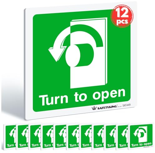 Turn to Open - Left Sign 12 Pcs – 100mm x 100mm - Thumb Turn Self Adhesive, Waterproof, Vinyl Stickers For Fire Exit Doors, Thumb Turn Fire Exit Sticker, Turn to Open Safety Label, Print Kings UK