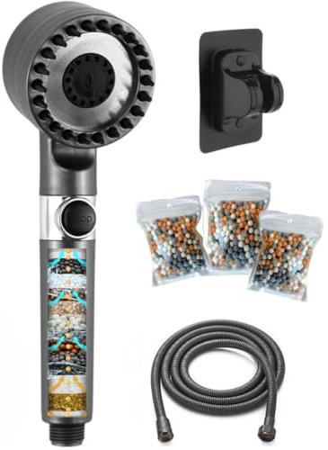 Alcachofa de Ducha con Filtro Antical y Cloro, Alta Presión 3 Modos, Cabezal de Ducha con Manguera de Acero Inoxidable 1.5 m y 2 Recambios de Piedras Filtrantes