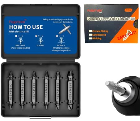 Damaged Screw Extractor Kit - 6PC HSS 4341 Nitriding Screw Remover for Stripped, Rusted & Broken Bolts | Pro-Grade Drill Bits | Includes Storage Case | Ideal for DIY & Professionals Fugytven