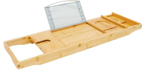 Badewannenablage Bambus, Laptop Schreibtisch Regal Herausnehmbare Aufbewahrungsbox, wasserfestes Ablagetablett, Verstellbar Badewannenbrett, Wannenablage, für Badewannen Zubehör