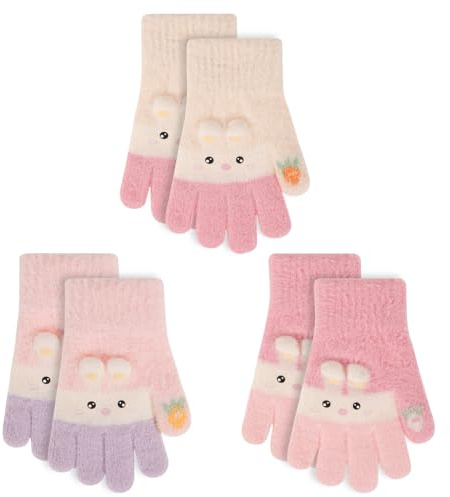 QKURT Lot de 3 paires de gants magiques chauds pour enfants, mitaines longues pour filles, mitaines d'hiver en polaire, gants tricotés colorés avec motif lapin pour une chaleur quotidienne, 4-12 ans