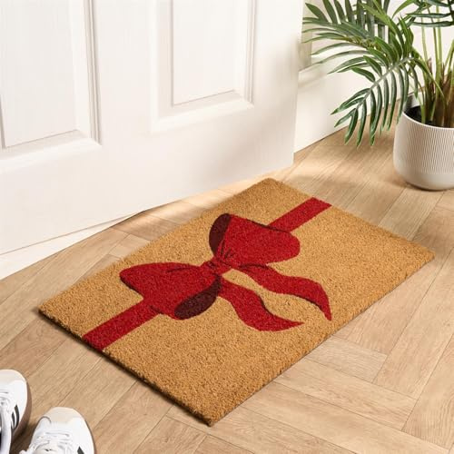 OHS Coir Door Mats Indoor & Outdoor Bow Print, Non-Slippery Heavy Duty Stylish Entrance Washable Door Mat Perfect Dirt Trapping Doormats, Natural/Red - 40 x 60cm