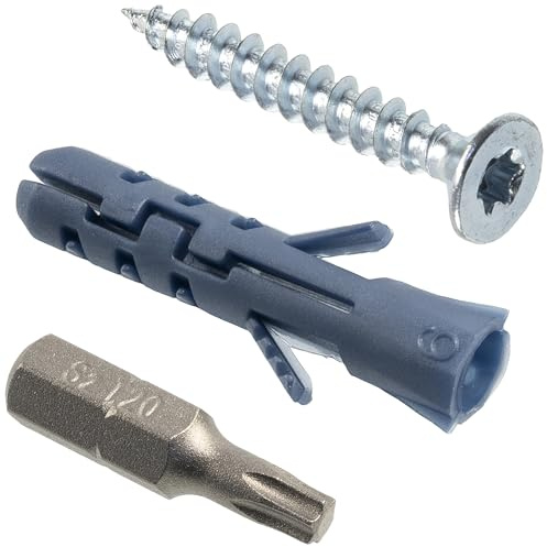 AERZETIX - Kit di 25 tasselli ad espansione Ø6x30 mm in nylon + 25 viti per legno a testa svasata Ø4x30 mm color argento + 1 punta di avvitamento a stella 1/4 T20 | per fissaggi su materiali pieni