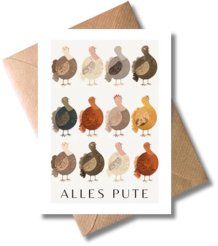 WBdesignz Lustige „Alles Pute“ Geburtstagskarte mit Umschlag - Geburtstag Karte mit bunten Puten & Wortspiel - Alles Gute - Witzige Karte für Frauen & Männer (DIN A6)